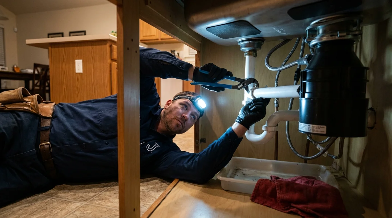 P-trap and supply line connections under a kitchen sink showing a common leak point in Palmer, TX